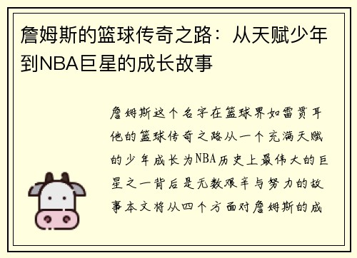 詹姆斯的篮球传奇之路：从天赋少年到NBA巨星的成长故事